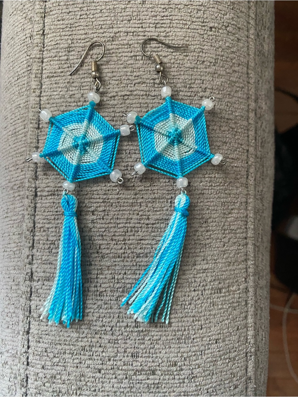 Handmade Blue Tassel Hexagon Drop Earrings - Women Jewelry